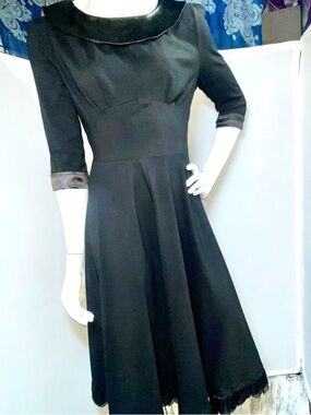 Haki Fashion Goth Elegant Black Midi Fit-and-Flare Dress with Satin Trim